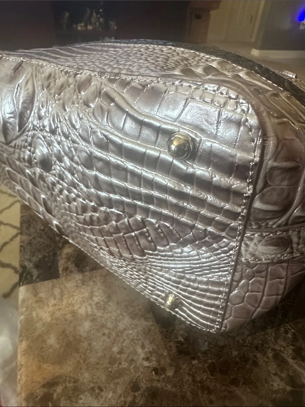 Brahmin Striped Croc-Embossed Tote Bag in Black and Taupe